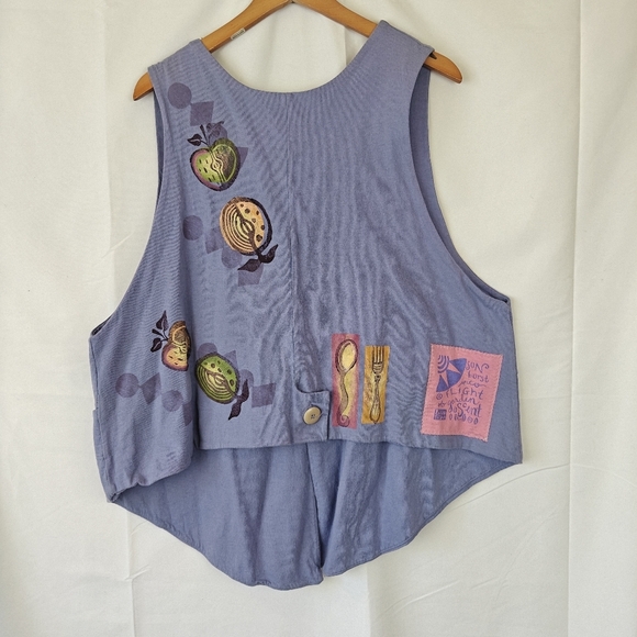 VTG Rare Blue Fish Gardening Fruits Spoon Fork V Neck Button Periwinkle Vest 1 - Picture 7 of 15